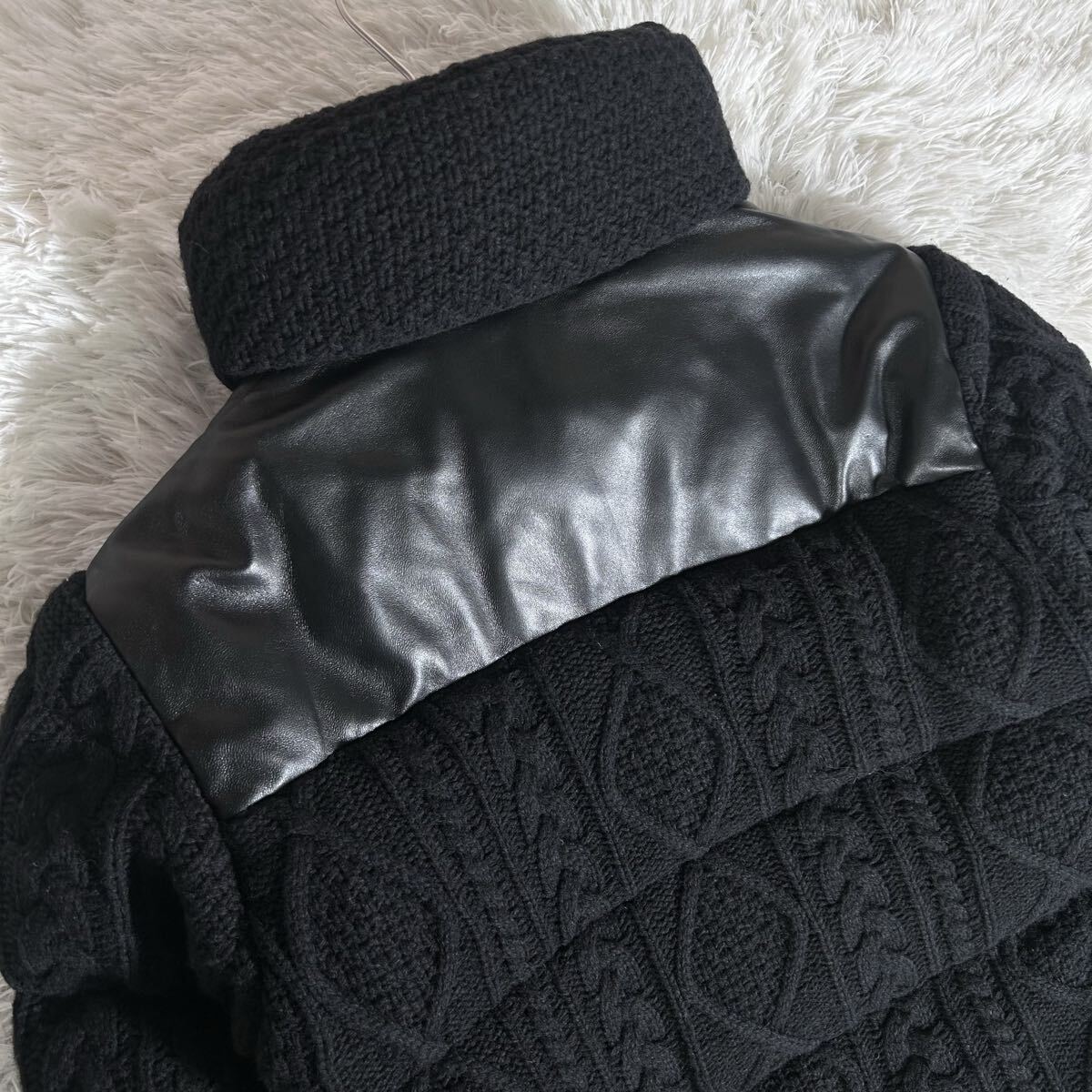 【美品】The DUFFER of ST.GEORGE ダファー ダウンジャケット ケーブルニット 羊革 ラムレザー切替え L ブラック 裏地ペイズリー柄 肉厚_画像6