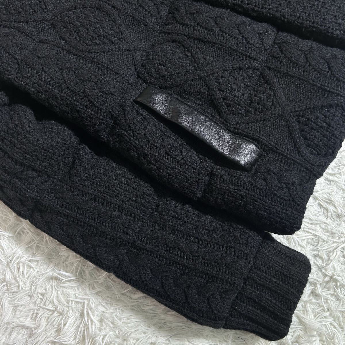 【美品】The DUFFER of ST.GEORGE ダファー ダウンジャケット ケーブルニット 羊革 ラムレザー切替え L ブラック 裏地ペイズリー柄 肉厚_画像7