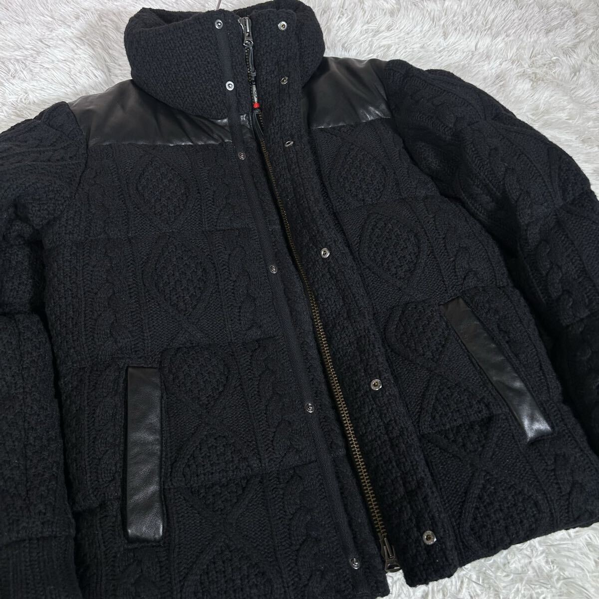 【美品】The DUFFER of ST.GEORGE ダファー ダウンジャケット ケーブルニット 羊革 ラムレザー切替え L ブラック 裏地ペイズリー柄 肉厚_画像8