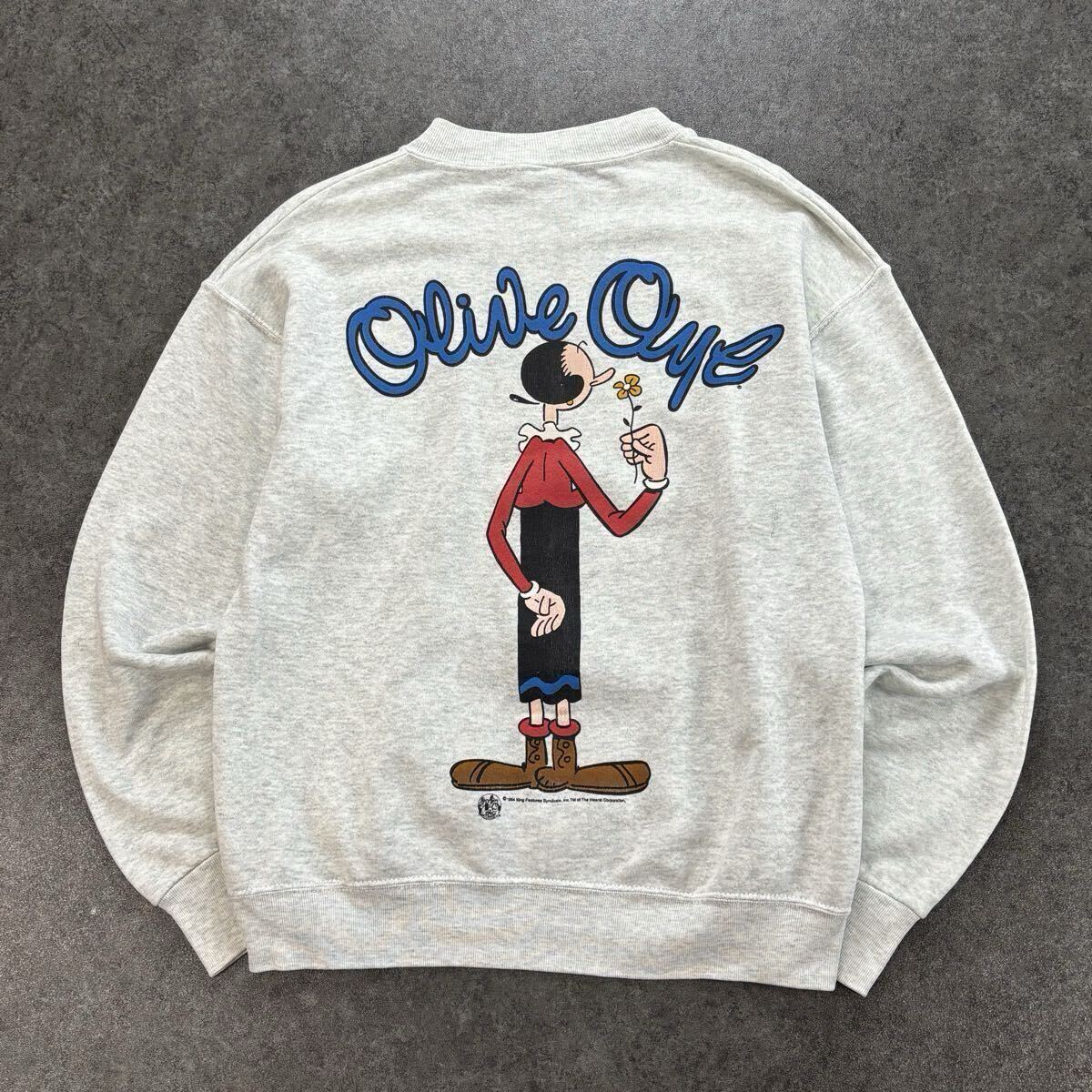 希少 USA製 90s ポパイ ヴィンテージ スウェット トレーナー POPEYE OLIVB OYL オリーブオイル 霜降りグレー 両面 反転 プリント 1994_画像5