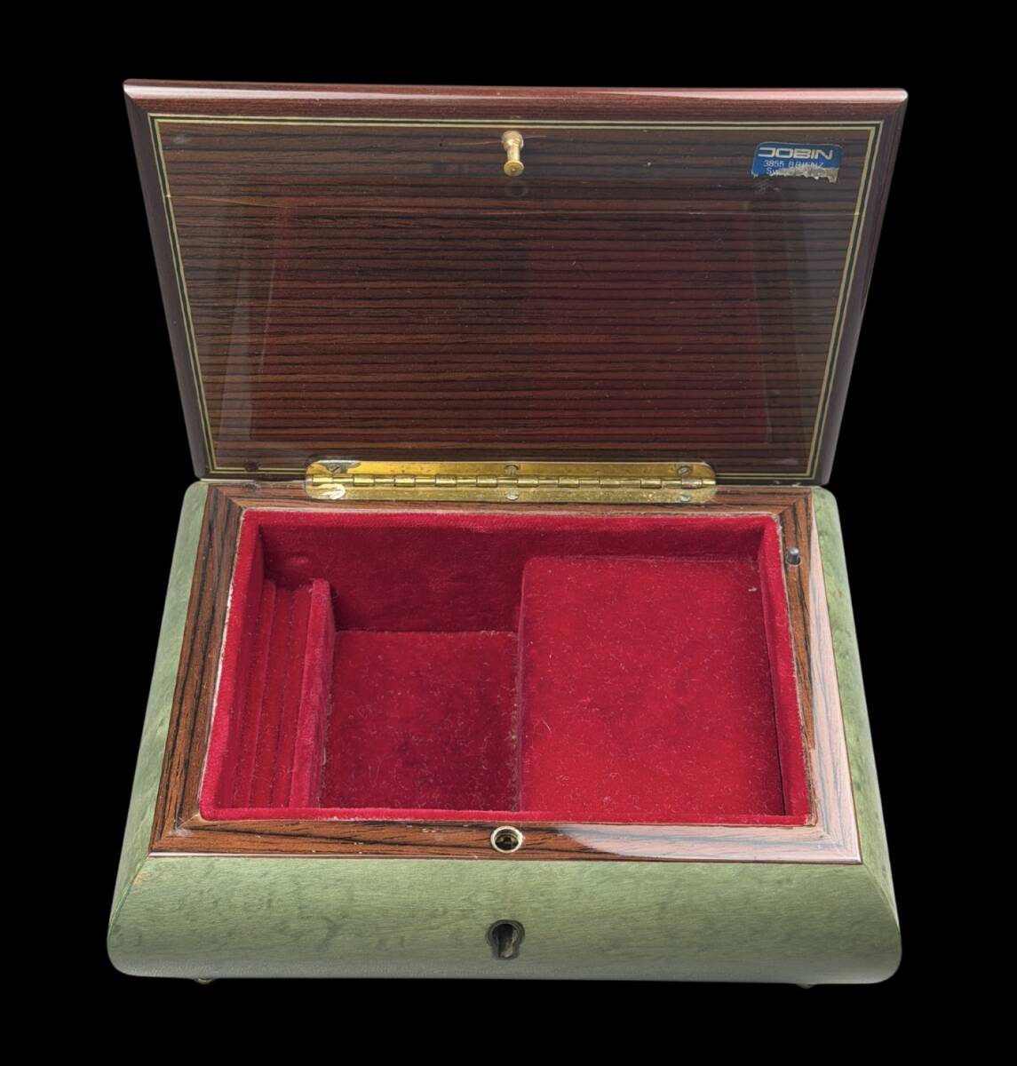 【偲】 Swiss Reuge Music Box スイス リュージュ製 オルゴール ラッカー塗装の花柄象嵌 長方形の箱セージグリーンと明るい色木材 r-1090_画像7