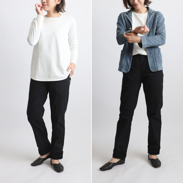 最終 冬のパンツ祭りSALE 100cm ストレッチ伸縮コットンチノ生地 小花フリル裾り脚長パンツ巻き縫いレギパン黒G73_画像7