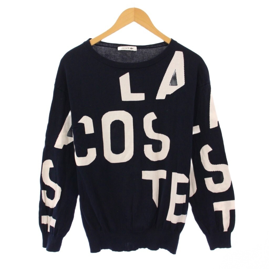 ラコステ LACOSTE ニット 長袖 クルーネック ロゴ バイカラー 38 紺 ネイビー 白 ホワイト /BB レディース_画像1