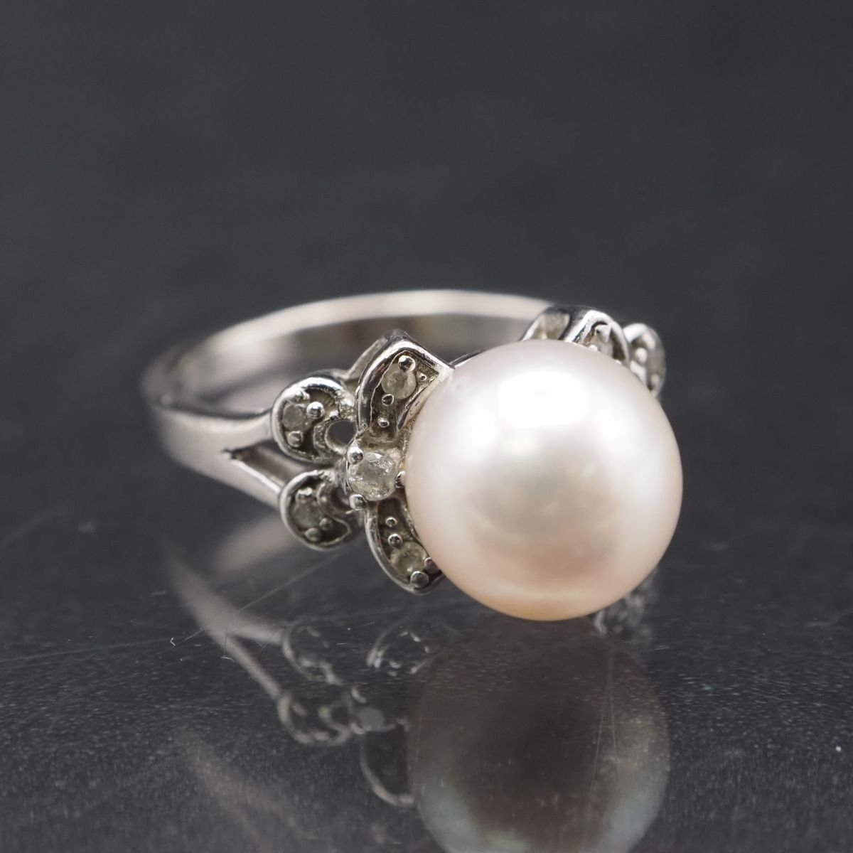 J172 本真珠 9mm珠 パール 925刻印 リング ダイヤモンド風 デザイン シルバー 指輪 6月誕生石 10号_画像1