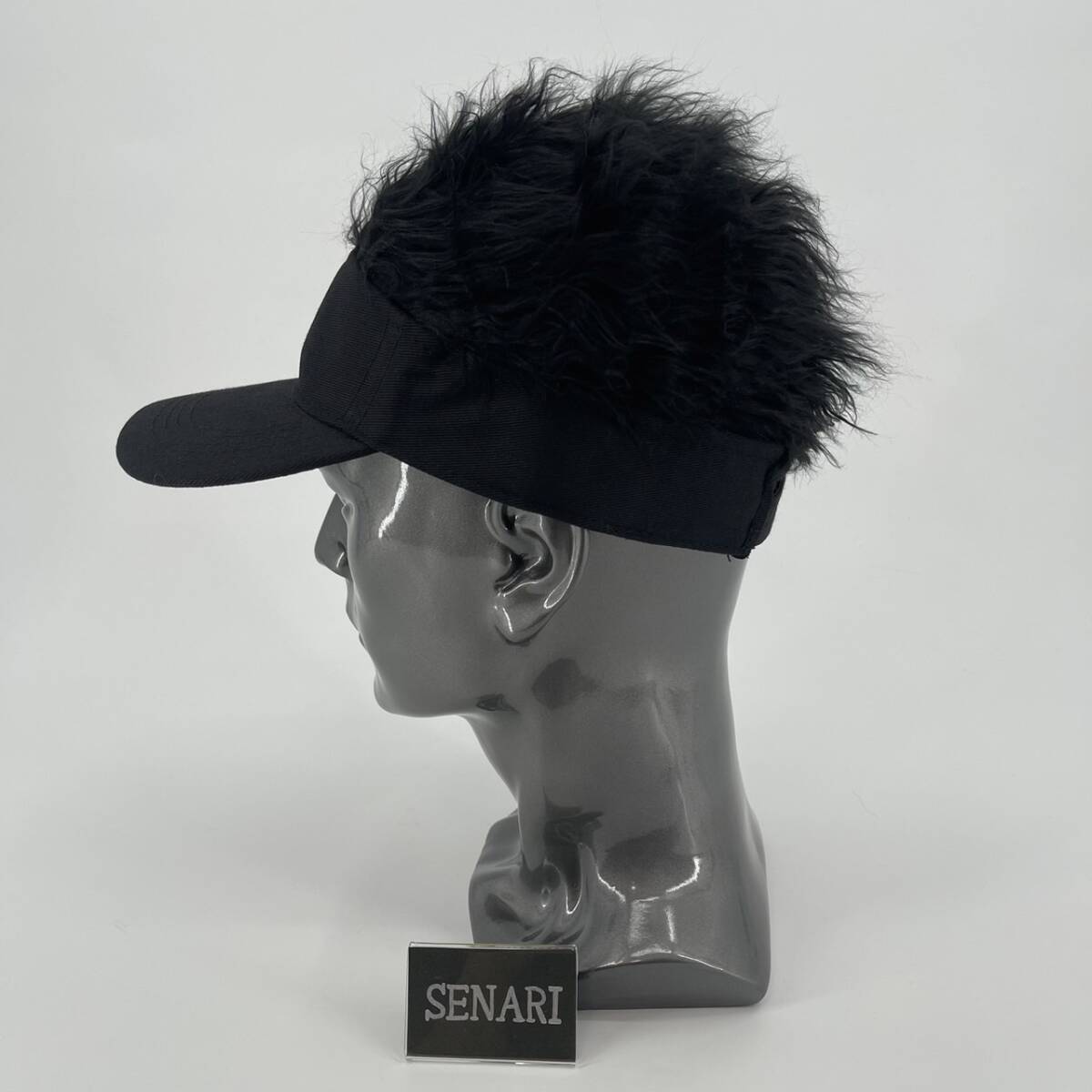 S-291/フサフサ髪 サンバイザー型 ズラキャップ　コスプレ　ゴルフ　/　黒&黒_画像4