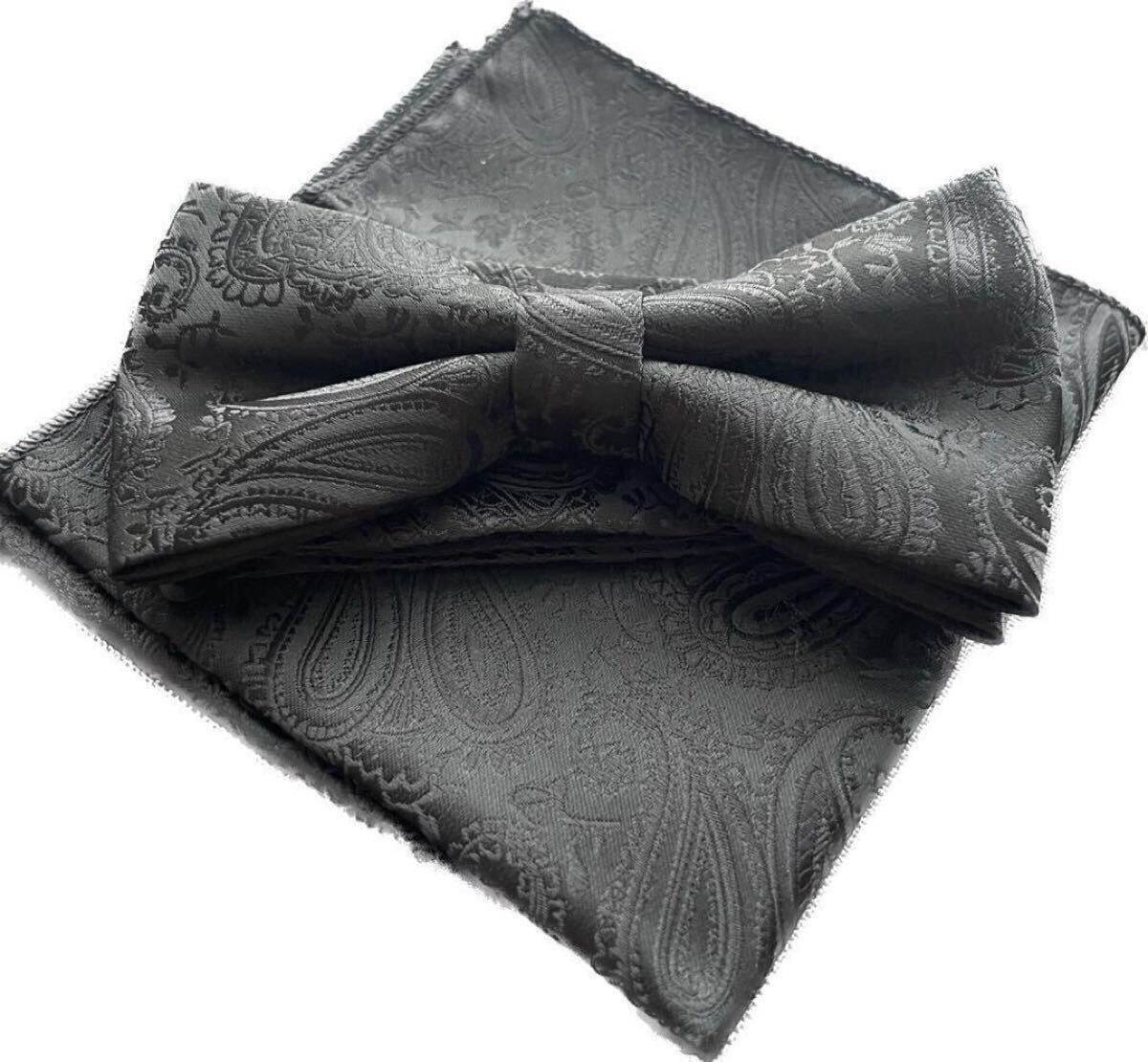 蝶ネクタイ ブラック 黒 ペイズリー シンプル おしゃれ 結婚式 パーティー発表会 パーティー フォーマル 同窓会 スーツ ハンカチ_画像2