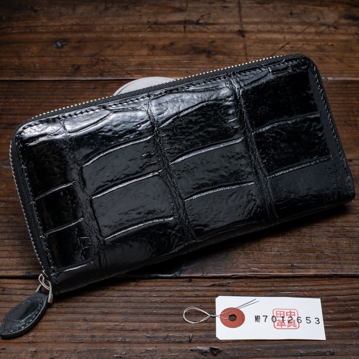 クロコダイル【一枚革】実物撮影 メンズ 長財布 ラウンドファスナー 新品 未使用 送料無料 1円 鰐 ワニ 黒 スタンダード ブラック 田中革具_画像1
