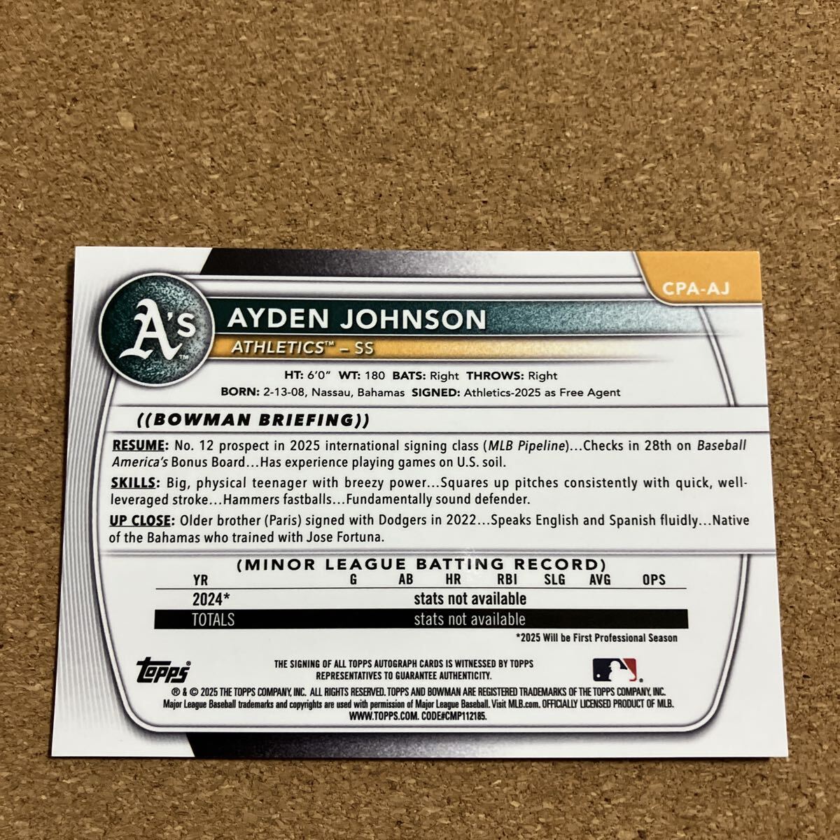 Topps 1st Bowman Chrome Auto Ayden Johnson автограф автограф прямой документ .MLB 299sili