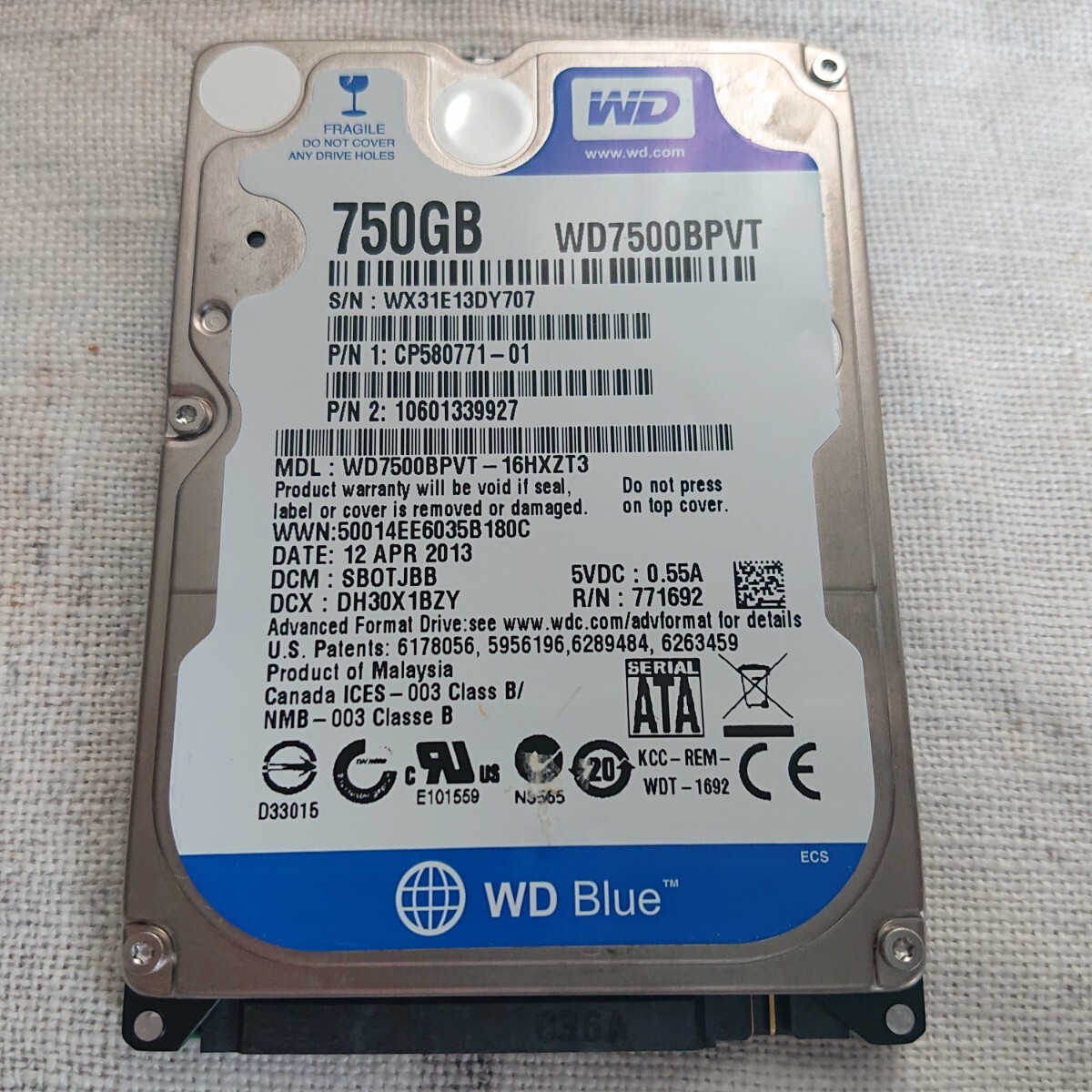 WD Blue HDD 750GB 2.5インチ 使用時間少 正常 Western Digital_画像1