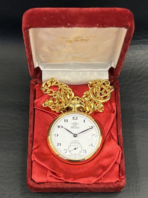 ◆懐中時計◆Watex ワテックス★17石 スモセコ 手巻き ゴールド 裏蓋 菊紋/鳳凰 チェーン・ケース付★未使用 稼働品★全文を必読ください◆_画像1