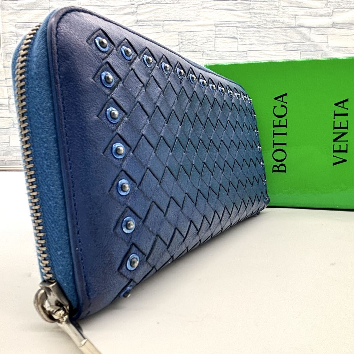  превосходный товар * Bottega . шуточный товар BOTTEGAVENETA раунд застежка-молния Zip длинный кошелек сетка мужской бизнес заклепки оттенок голубого 1 иен 