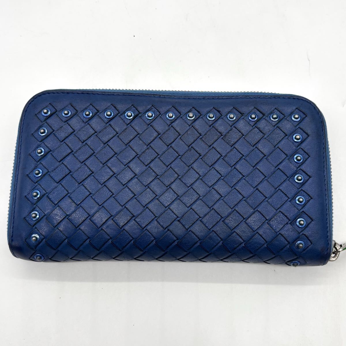  превосходный товар * Bottega . шуточный товар BOTTEGAVENETA раунд застежка-молния Zip длинный кошелек сетка мужской бизнес заклепки оттенок голубого 1 иен 