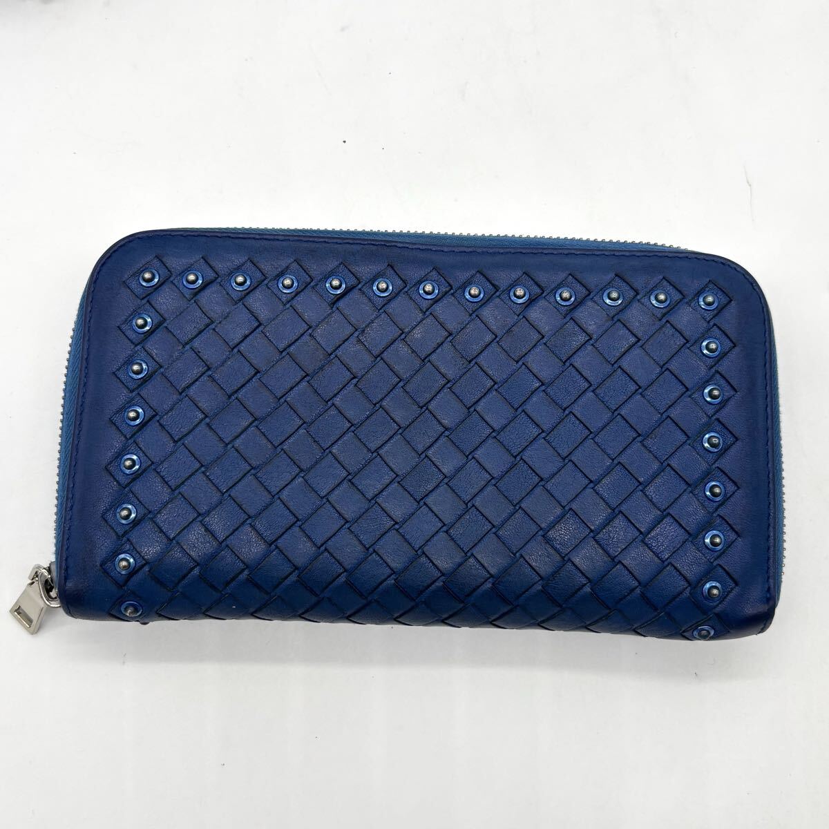  превосходный товар * Bottega . шуточный товар BOTTEGAVENETA раунд застежка-молния Zip длинный кошелек сетка мужской бизнес заклепки оттенок голубого 1 иен 
