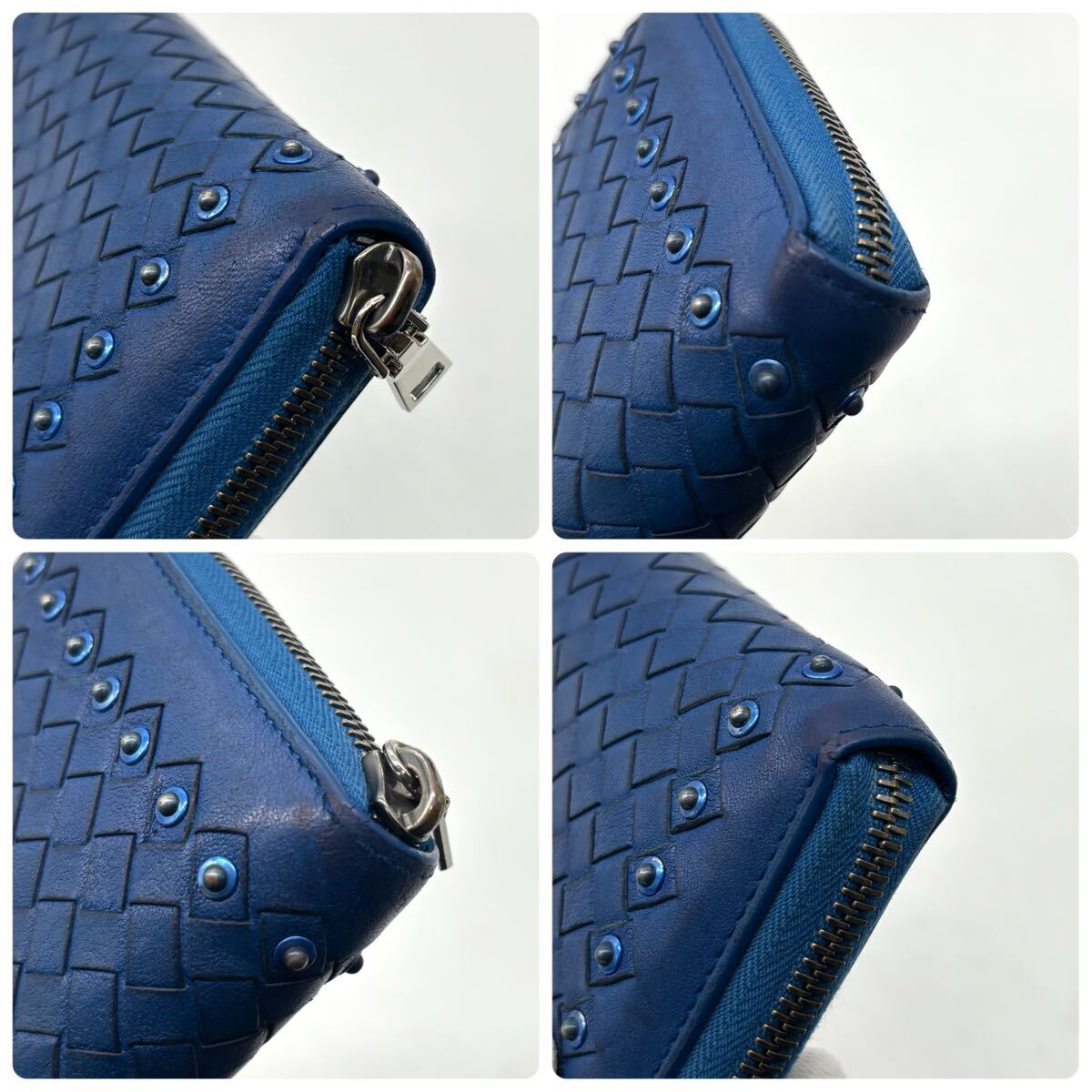  превосходный товар * Bottega . шуточный товар BOTTEGAVENETA раунд застежка-молния Zip длинный кошелек сетка мужской бизнес заклепки оттенок голубого 1 иен 