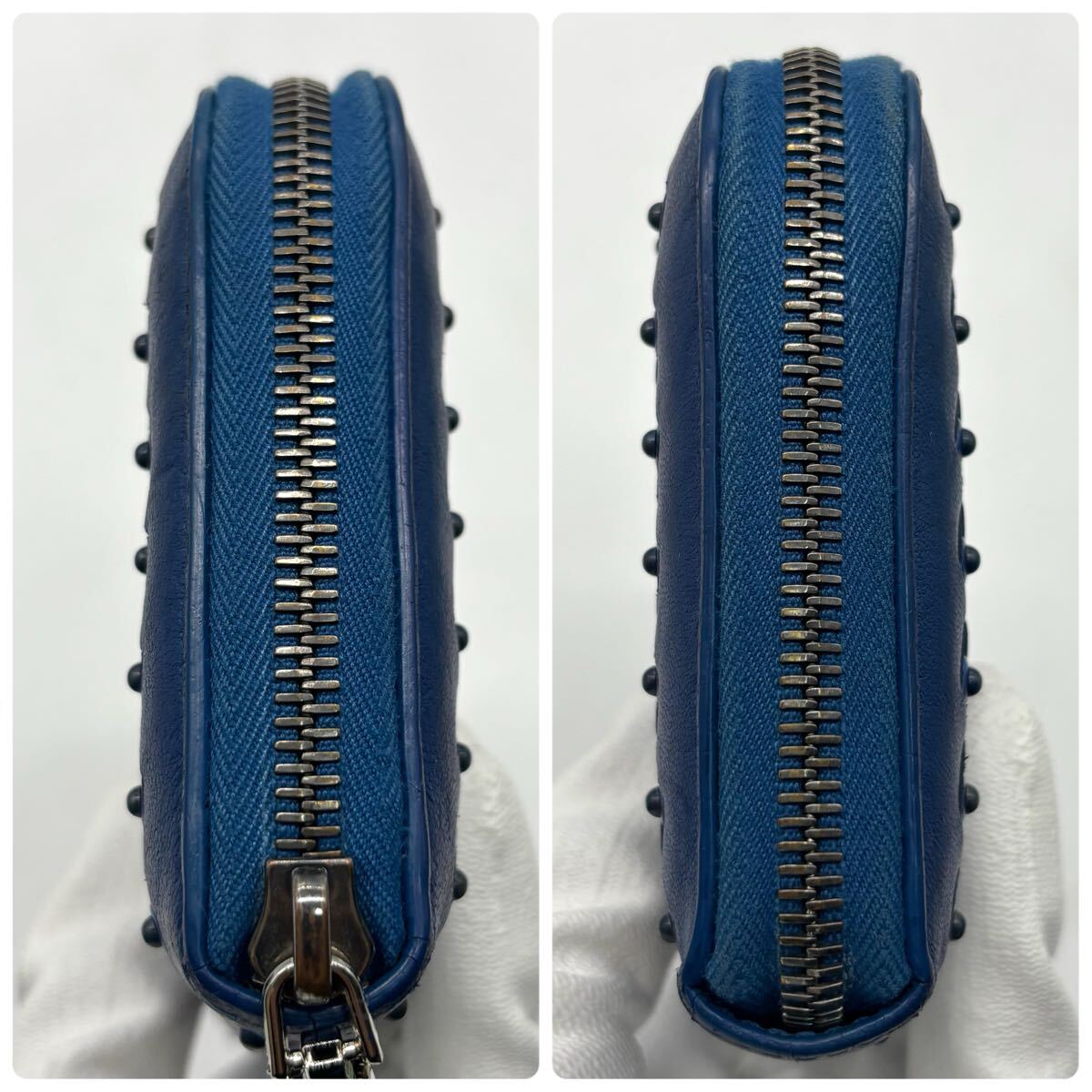  превосходный товар * Bottega . шуточный товар BOTTEGAVENETA раунд застежка-молния Zip длинный кошелек сетка мужской бизнес заклепки оттенок голубого 1 иен 