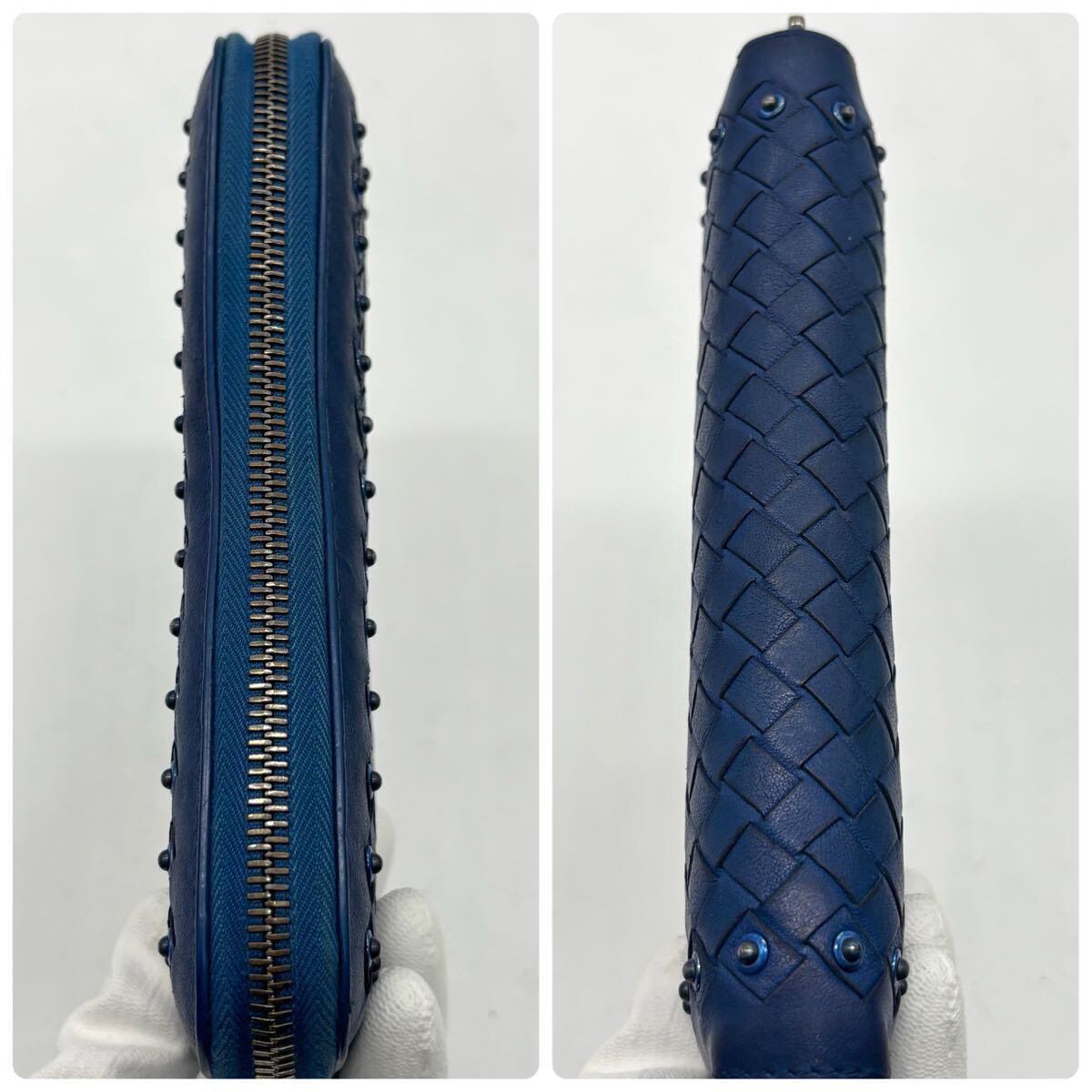  превосходный товар * Bottega . шуточный товар BOTTEGAVENETA раунд застежка-молния Zip длинный кошелек сетка мужской бизнес заклепки оттенок голубого 1 иен 