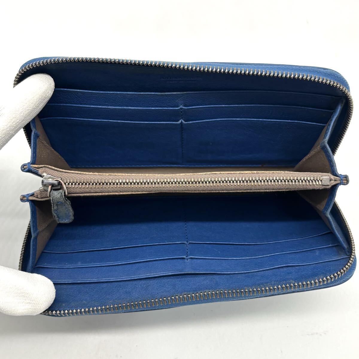  превосходный товар * Bottega . шуточный товар BOTTEGAVENETA раунд застежка-молния Zip длинный кошелек сетка мужской бизнес заклепки оттенок голубого 1 иен 