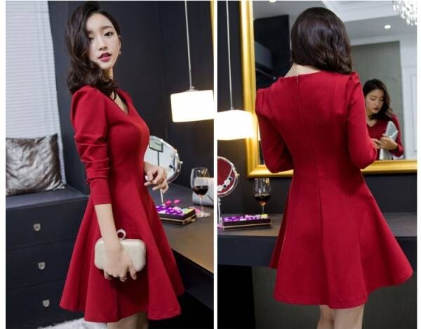 2314 長袖 フレアー ワンピース 赤ＸＬ_画像3