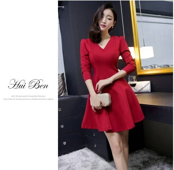 2314 長袖 フレアー ワンピース 赤ＸＬ_画像2