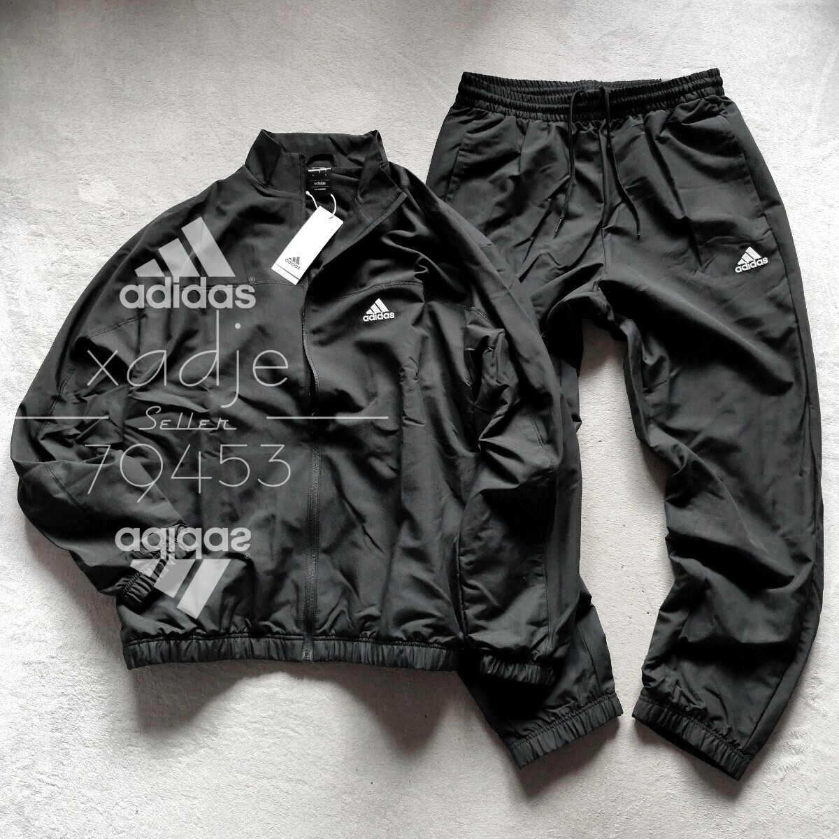 新品 正規品 adidas アディダス 上下セット ウーブン ジャケット パンツ セットアップ 黒 ブラック ロゴ刺繍 裏地メッシュ 定価9900円 XL_画像1