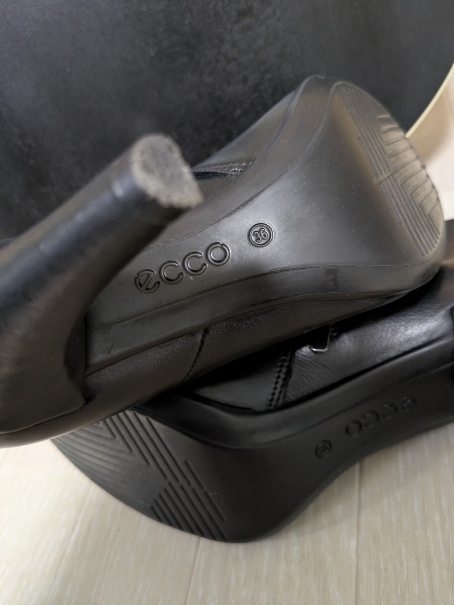 【ecco】黒レザー ヒールブーツ サイドジッパー付き ヒール8cm ショートブーツ 本革 ブーティ_画像9