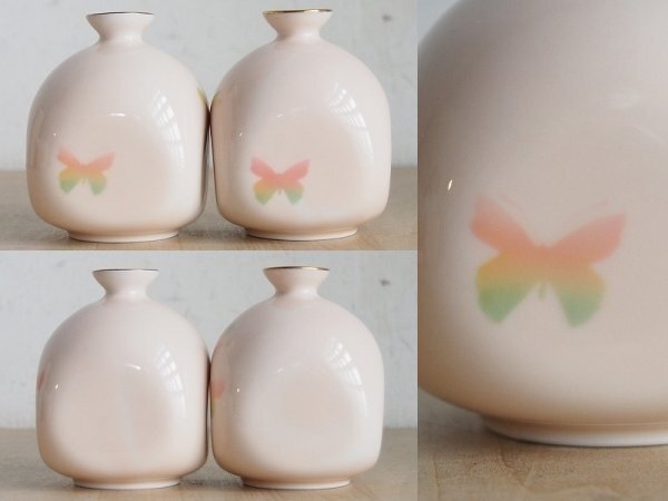 宮内庁御用達 深川製磁 桜蝶 酒器　有田焼窯元　徳利　お猪口　ピンク　陶磁器　共箱　X23_画像3