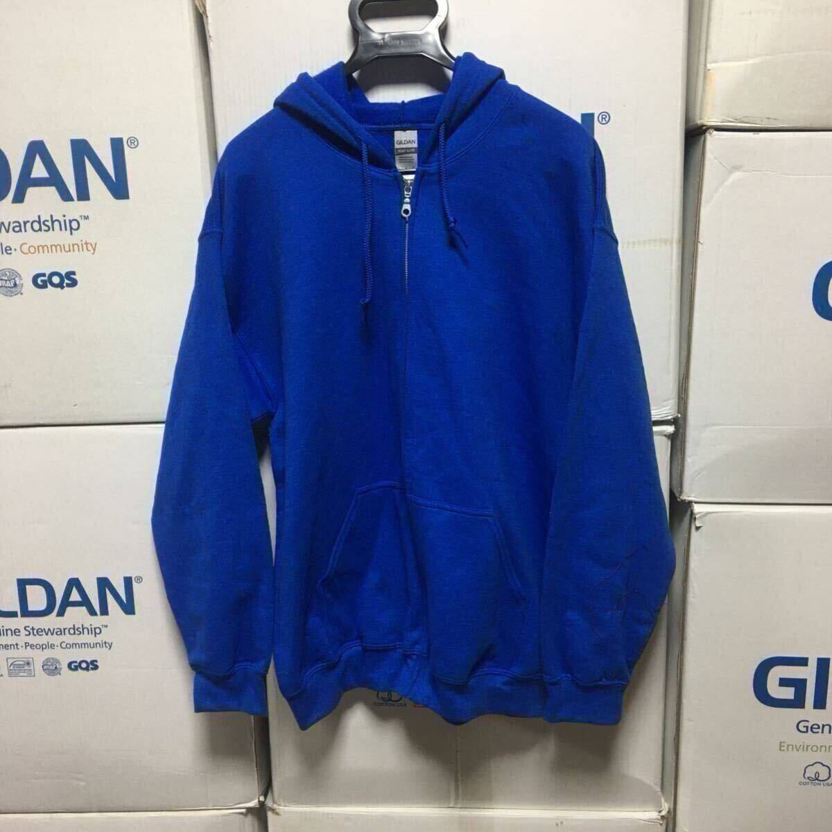 GILDAN ロイヤルブルー XL 青色 ジップアップ 8.0oz スウェット パーカー フルジップ フーディー ギルダン 無地 長袖 裏起毛 フード★_画像1