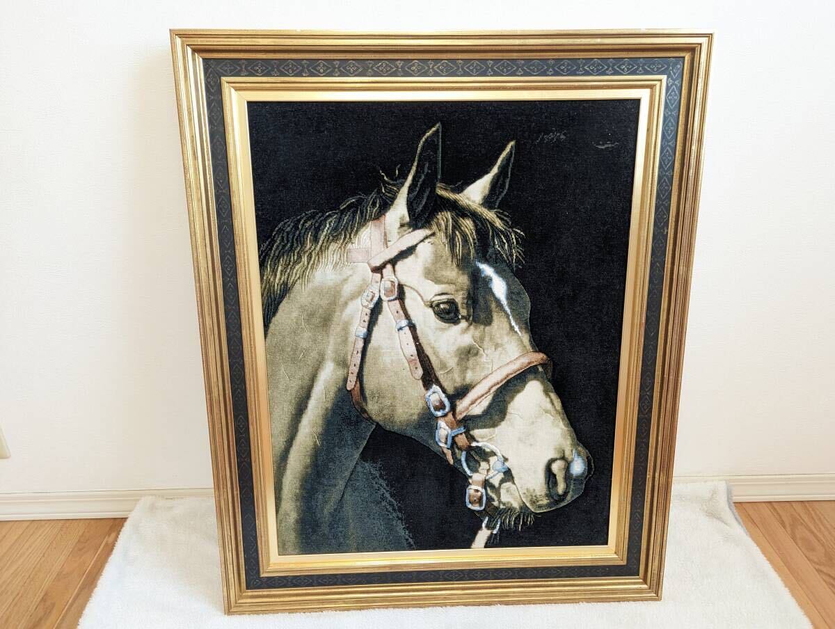 【美品★額入り高級ペルシャ手織り絨毯】タブリーズ産 馬絵 手織り 鑑定書有 タクテジャムシッド工房 ウール&シルク_画像1