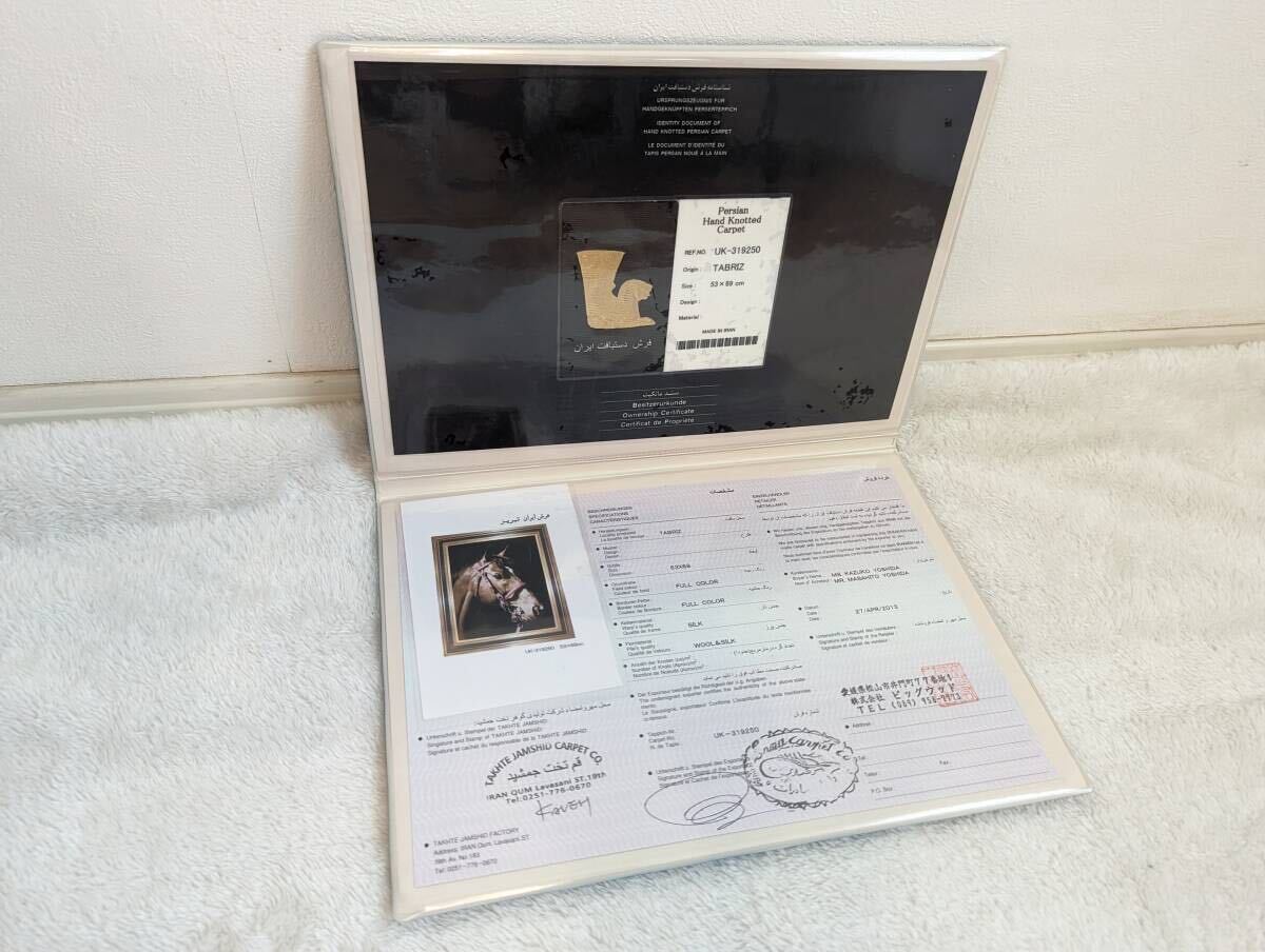 【美品★額入り高級ペルシャ手織り絨毯】タブリーズ産 馬絵 手織り 鑑定書有 タクテジャムシッド工房 ウール&シルク_画像8