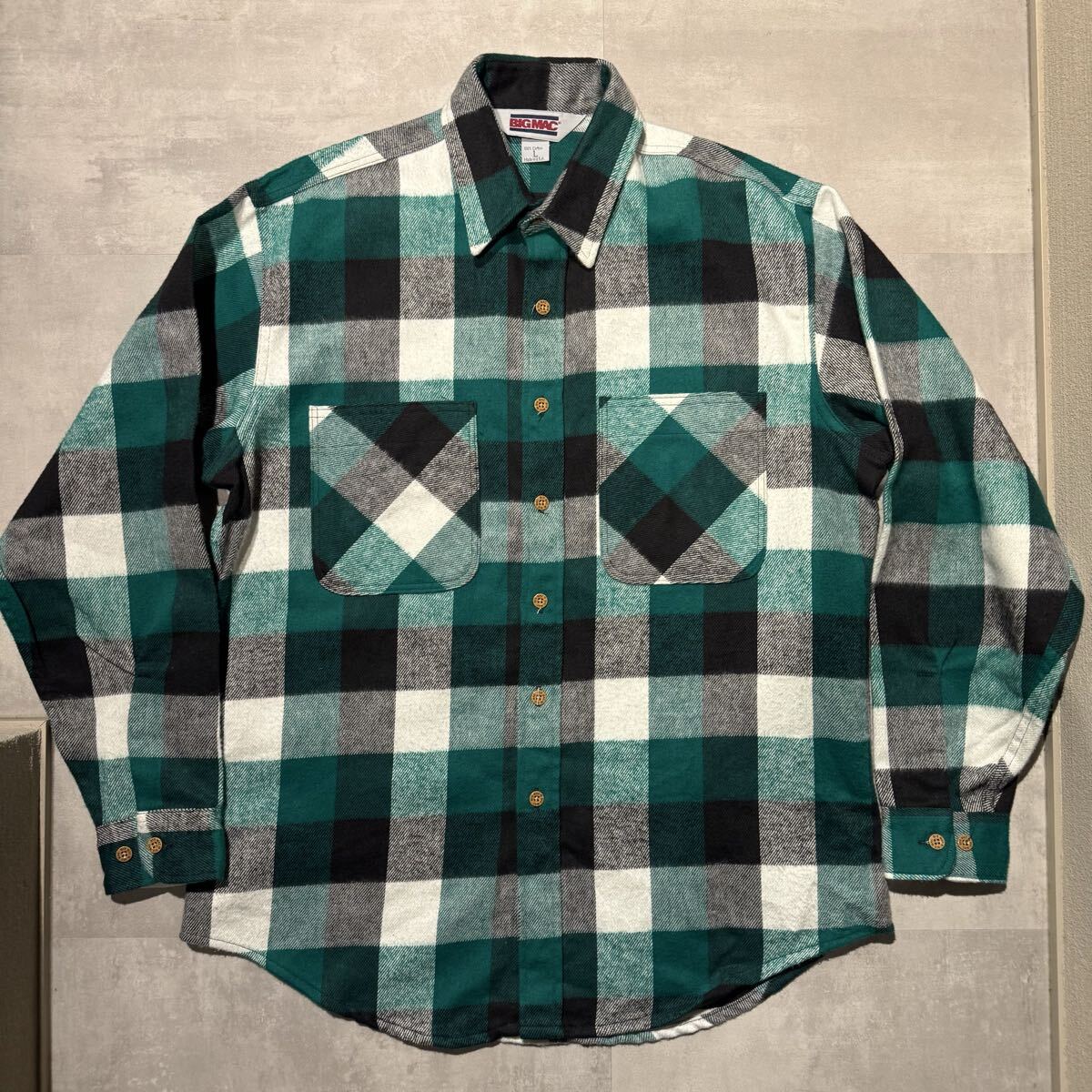 70s 80s bigmac ヘビーネルシャツ　黒　白　緑　L USA製 デッド ネルシャツ_画像1