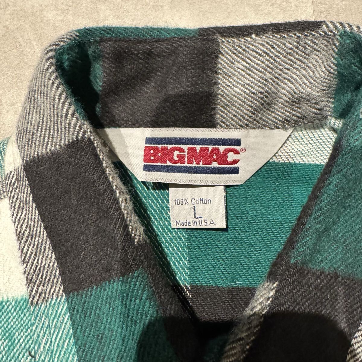 70s 80s bigmac ヘビーネルシャツ　黒　白　緑　L USA製 デッド ネルシャツ_画像3