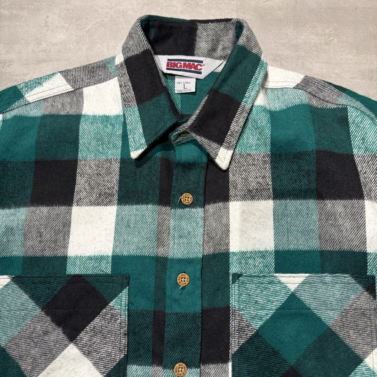 70s 80s bigmac ヘビーネルシャツ　黒　白　緑　L USA製 デッド ネルシャツ_画像4