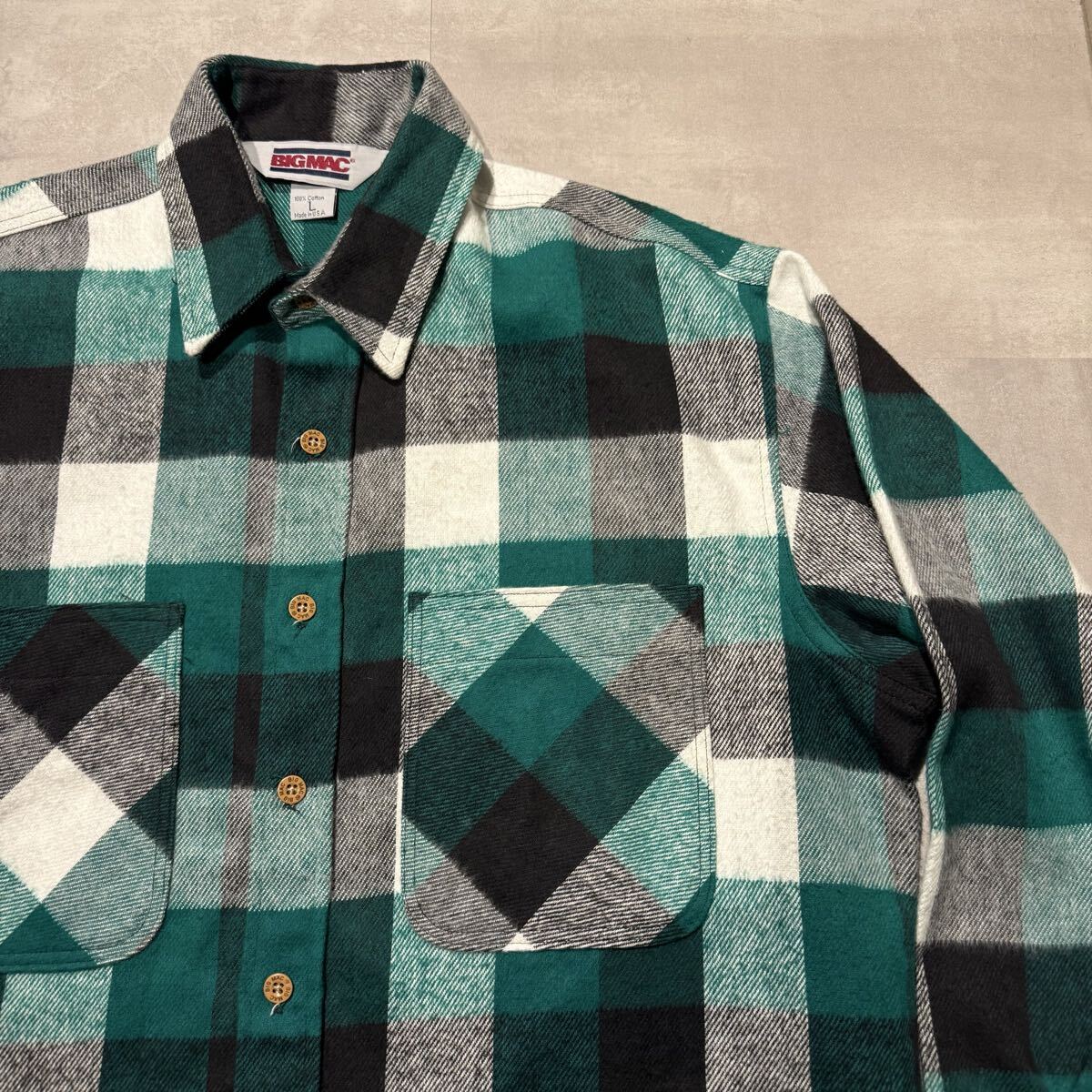 70s 80s bigmac ヘビーネルシャツ　黒　白　緑　L USA製 デッド ネルシャツ_画像5