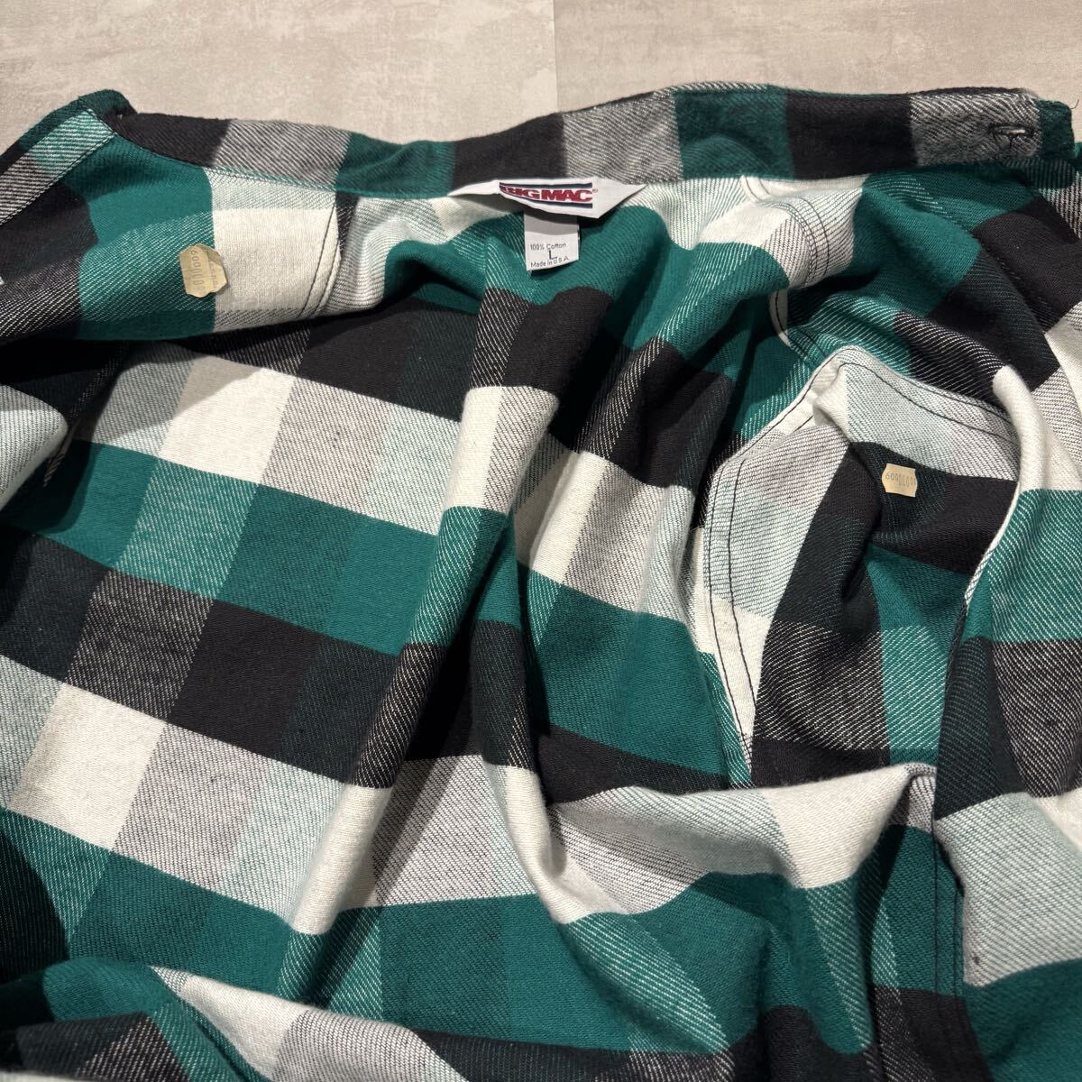 70s 80s bigmac ヘビーネルシャツ　黒　白　緑　L USA製 デッド ネルシャツ_画像7