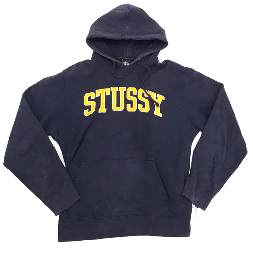 ステューシー サイズ L 長袖 ロゴ刺繍 パーカー メンズ ネイビー×オレンジ系 トップス アパレル STUSSY 現状品_画像1