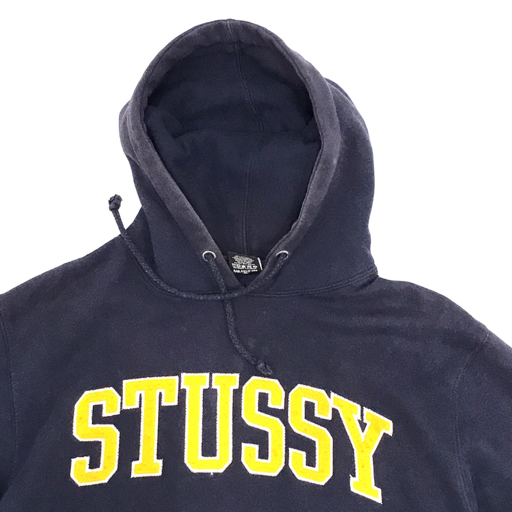 ステューシー サイズ L 長袖 ロゴ刺繍 パーカー メンズ ネイビー×オレンジ系 トップス アパレル STUSSY 現状品_画像2