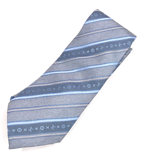 ルイヴィトン モノグラム 斜めストライプ シルク ネクタイ グレー×ブルー系 全長約151cm メンズ LOUIS VUITTON_画像3