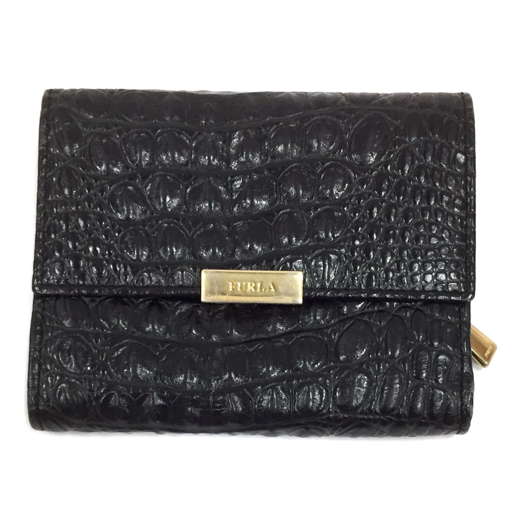送料360円 フルラ 型押し レザー 三つ折り 財布 ウォレット レディース 黒 ブラック ブランド小物 FURLA 同梱NG_画像1