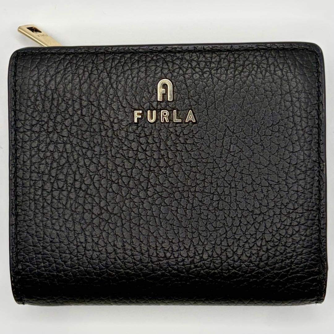 【極美品・未使用】FURLA フルラ 二つ折り財布 コンパクトウォレット レザー シボ革 ブラック 黒 保管箱 保存袋 カード レディース_画像2