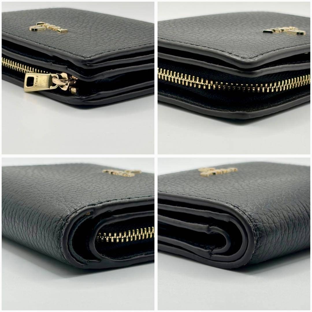 【極美品・未使用】FURLA フルラ 二つ折り財布 コンパクトウォレット レザー シボ革 ブラック 黒 保管箱 保存袋 カード レディース_画像6