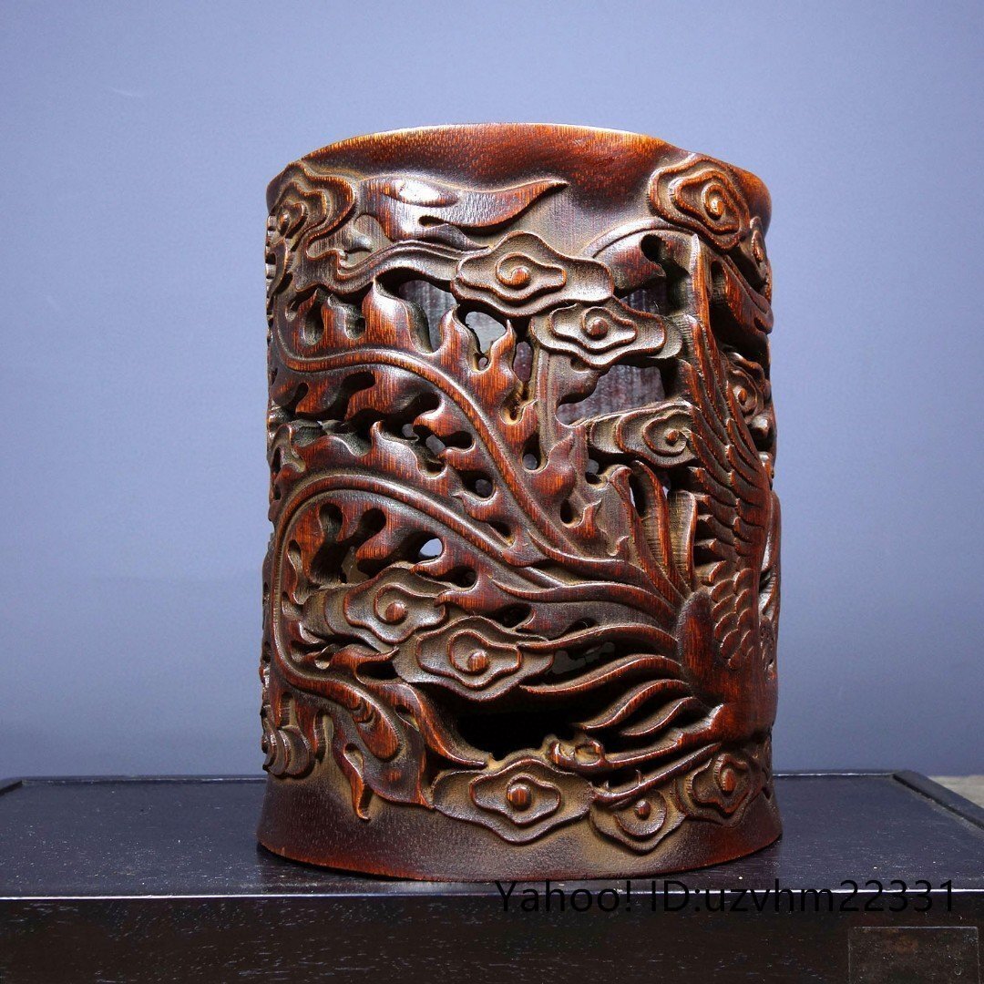 ペン立て 筆筒 筆立 筆桶 書道具 竹彫刻 竜鳳 透かし彫り 龍 彫刻 書道具 中国美術 收藏_画像7