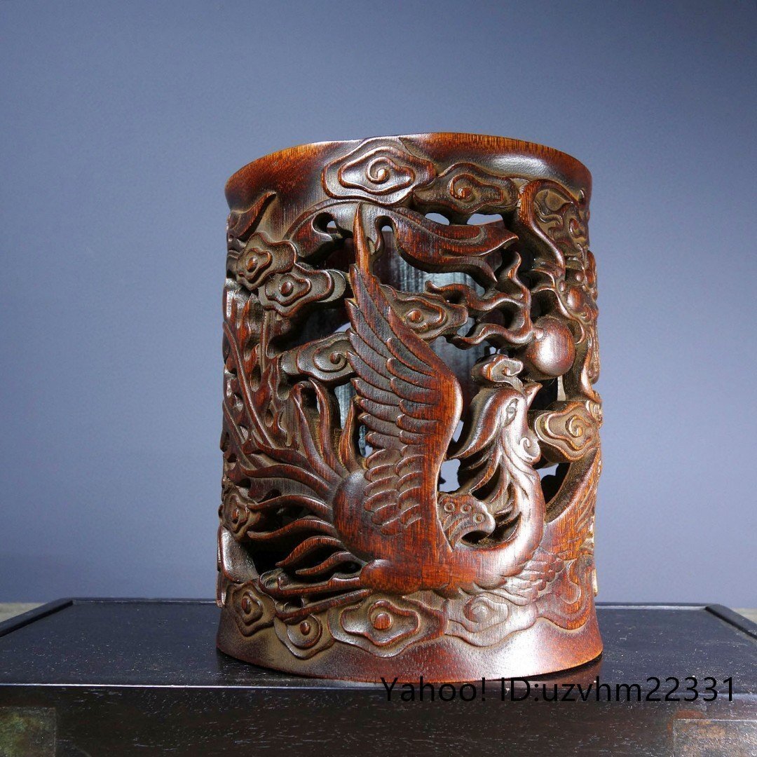 ペン立て 筆筒 筆立 筆桶 書道具 竹彫刻 竜鳳 透かし彫り 龍 彫刻 書道具 中国美術 收藏_画像2