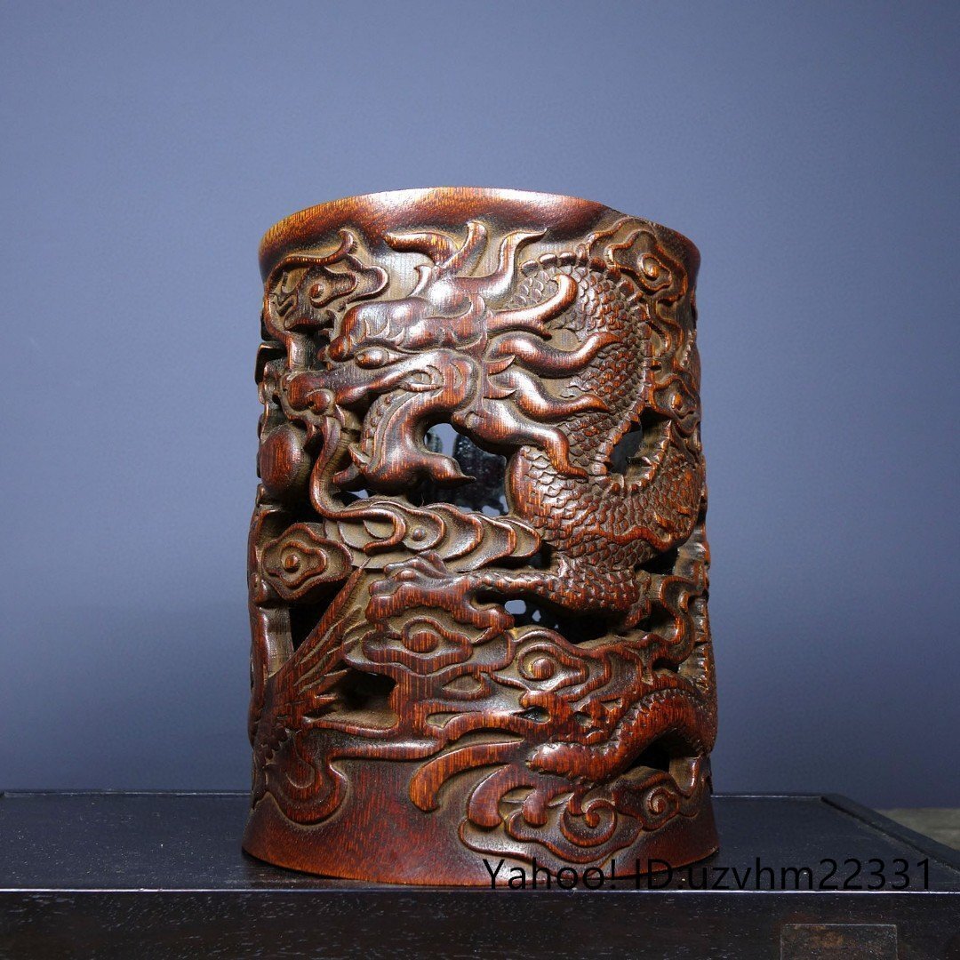 ペン立て 筆筒 筆立 筆桶 書道具 竹彫刻 竜鳳 透かし彫り 龍 彫刻 書道具 中国美術 收藏_画像4