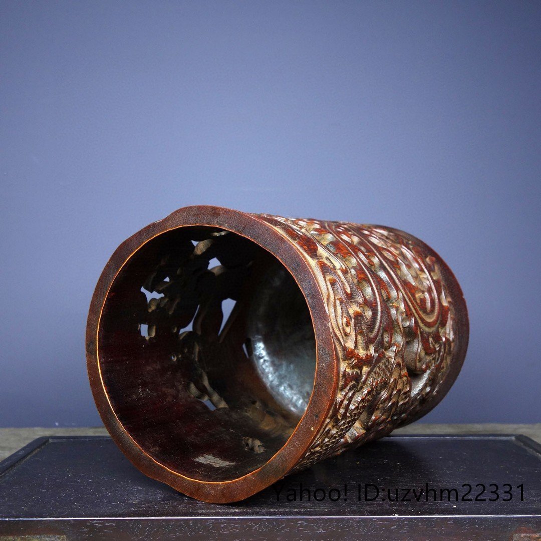 ペン立て 筆筒 筆立 筆桶 書道具 竹彫刻 竜鳳 透かし彫り 龍 彫刻 書道具 中国美術 收藏_画像9