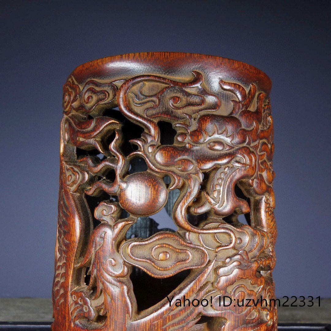 ペン立て 筆筒 筆立 筆桶 書道具 竹彫刻 竜鳳 透かし彫り 龍 彫刻 書道具 中国美術 收藏_画像6