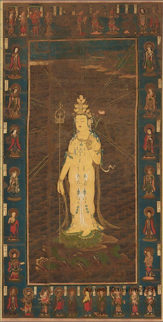 日本 十一面観音図 仏像 仏画 絹布 観世音菩薩 仏画 菩薩像 観音像 縦幅 仏教美術 絹本 掛け物 未表装_画像1