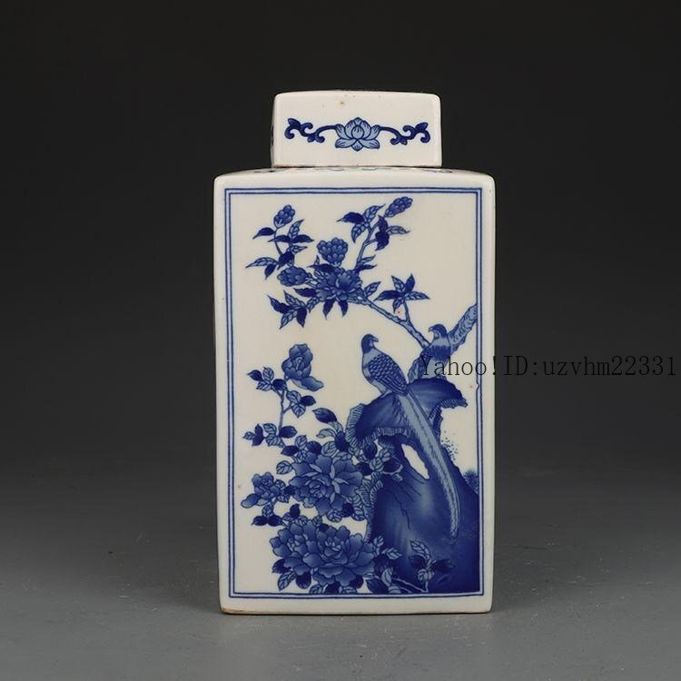 康煕青花花鳥四方蓋缶 景徳鎮 陶磁器 装飾品 現代工芸品 美術品 置物_画像2
