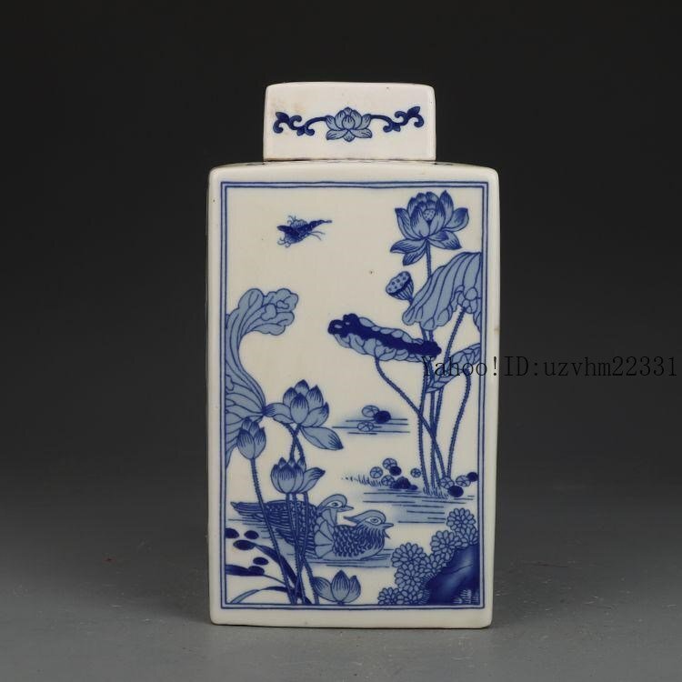 康煕青花花鳥四方蓋缶 景徳鎮 陶磁器 装飾品 現代工芸品 美術品 置物_画像3