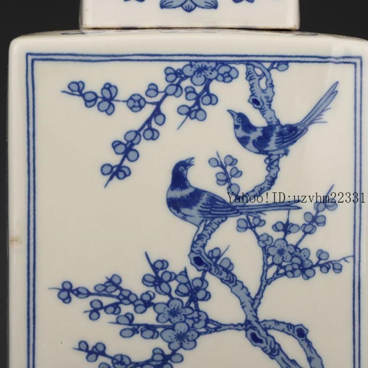 康煕青花花鳥四方蓋缶 景徳鎮 陶磁器 装飾品 現代工芸品 美術品 置物_画像8