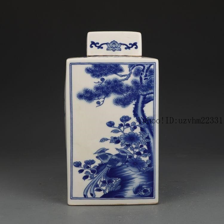 康煕青花花鳥四方蓋缶 景徳鎮 陶磁器 装飾品 現代工芸品 美術品 置物_画像1